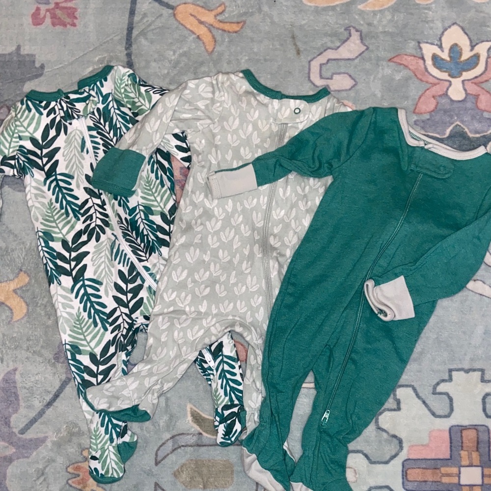 Green & Leaf Print Baby Footed Sleepers - Trio